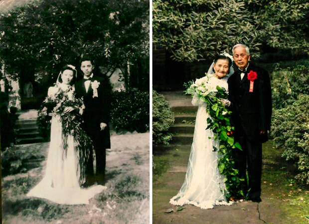 Влюбленная пара воссоздала свадебную фотографию через 70 лет.