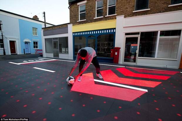 The system can detect when something unusual is happening, such as a child chasing a football into the road. The red chevrons suggest to road users where the child may enter the road and 