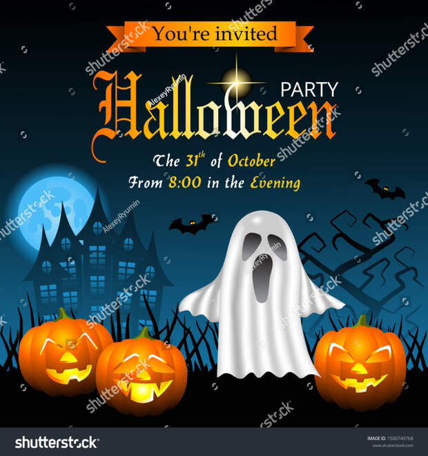 Halloween square instagram post template with ghost, haunted house, scary pumpkins, bats, ugly trees and full moon.