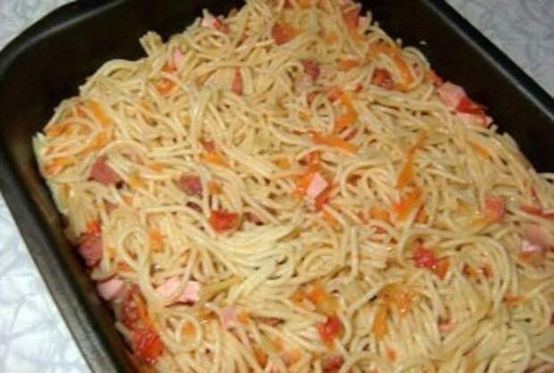 Запеканка с овощами,омлетом и спагетти - приготовление