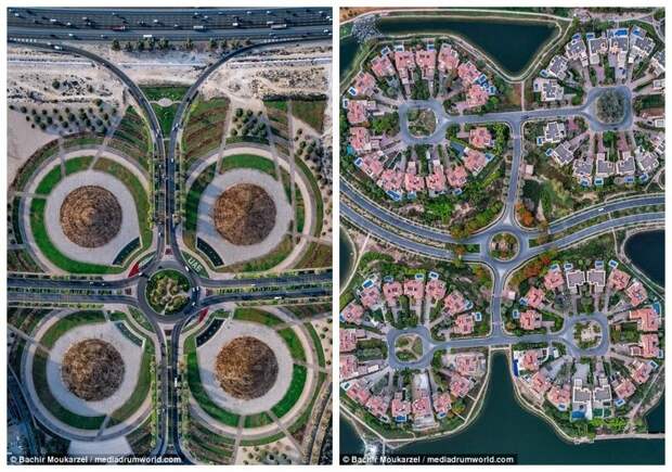 Слева - Dubai Silicon Oasis (Кремниевый Оазис Дубая) - центр инноваций и передовых электронных технологий. Справа - еще один снимок с уникальной перспективой из фотопроекта "Город золота" Дубай фото, аэросъемка, дрон, дубай, дубай достопримечательности, квадрокоптер, с высоты птичьего полета, снимки с дрона