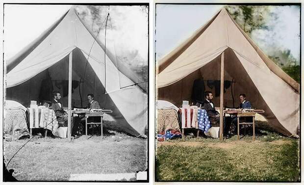 Авраам Линкольн и Джордж Макклеллан в Энтитеме, 3 октября 1863 год колоризация, мастер, прошлое, реставрация, снимок, фотограф, фотография