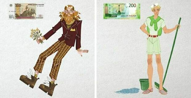 В интернете представили, как выглядели бы купюры российских рублей, превратись они в людей деньги, креатив, люди, рисунок, фантазия, художник