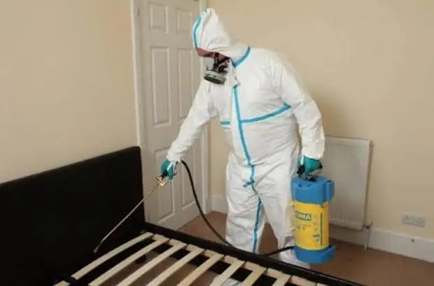 человек в защитном костюме обрабатывает кровать от блох
