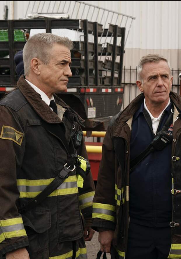 Dermot Mulroney as Chief Dom Pascal and David Eigenberg as Christopher Herrmann on Chicago Fire Season 13 Episode 12.