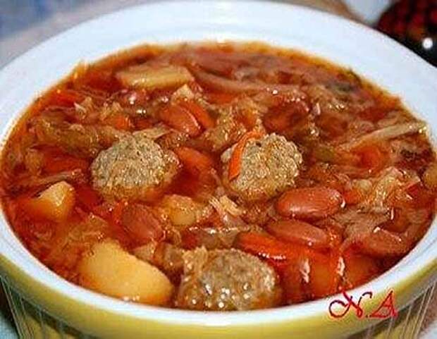 борщ с фрикадельками и фасолью