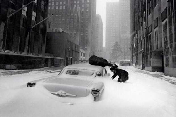 1960 год, Нью-Йорк зима, ретро фото, снег, снегопад, сша
