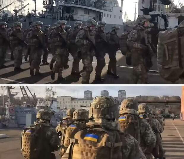 Морские пехотинцы ВМСУ перед посадкой на ДШК "Кентавр"