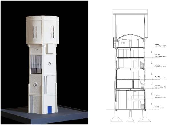Макет и план-чертеж преобразований в старой водонапорной башне (Watertower Nieuw Lekkerland, Нидерланды). 