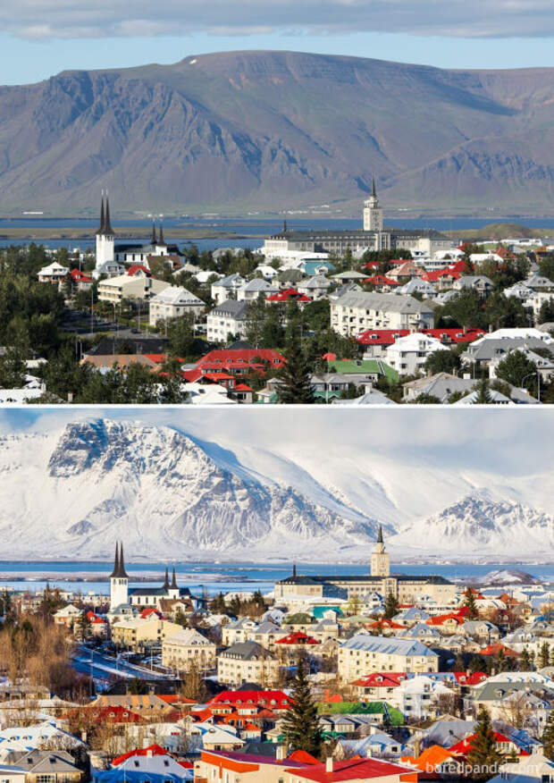 Рейкьявик - это крупный город в Исландии, расположенный на фоне горы Эсья высотой 914 м.