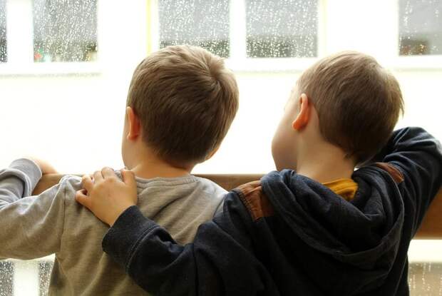 На фото изображены два мальчика у окна.
