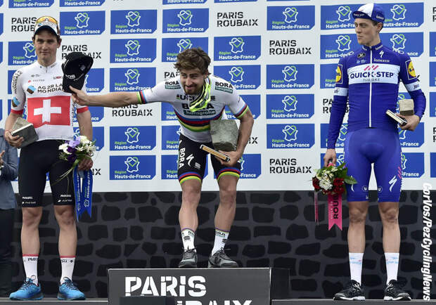 Roubaix - France - wielrennen - cycling - cyclisme - radsport - DILLIER Silvan (SUI) of AG2R La Mondiale, SAGAN Peter (SVK) of Bora - Hansgrohe and TERPSTRA Niki (NED) of Quick - Step Floors pictured during the 116th UCI World Tour Paris - Roubaix cycling race with start in Compiegne and finish at the Velodrome Andre-Petrieux in Roubaix on April 08, 2018 in Roubaix, France, 8/04/18 - photo PdV/PN/Cor Vos © 2018
