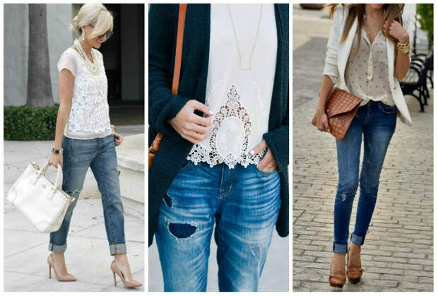 Стиль Casual для женщин, фото: джинсы с кружевными топами