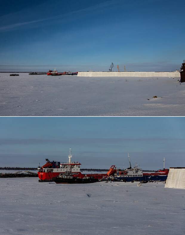 Перед ледоходом все суда спрячут за надежным щитом, созданным из 60 тыс. тонн замороженной воды (пос. Хатанга, Таймыр).