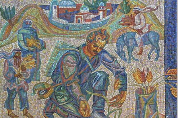 На этой сцене из мозаики академик Вавилов собирает образцы семян в дальних странах.