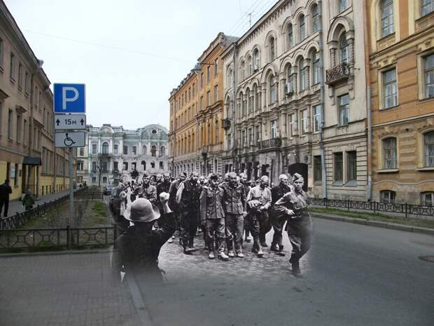 Ленинград 1942-2009 Моховая улица. Пленные гитлеровцы на улицах осажденного города летом 1942 блокада, ленинград, победа