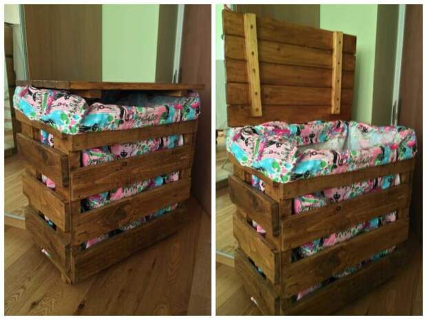 Корзина для белья из деревянных ящиков. \ Фото: 1001pallets.com. Корзина для белья из деревянных ящиков. \ Фото: 1001pallets.com.