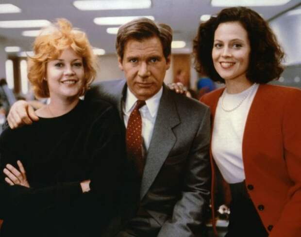 Мелани Гриффит, Харрисон Форд и Сигурни Уивер на съемках фильма «Деловая женщина». 1988 год