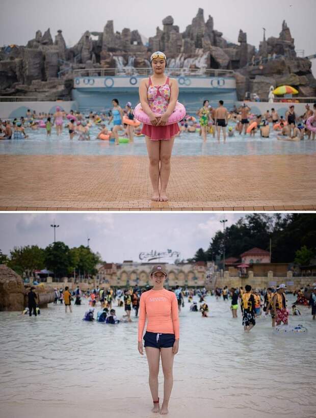 21-летняя Ри Сонг (сверху) позирует в водном парке Мансу в Пхеньяне. Внизу фотография 30-летней Квон Йе в водном парке Carribean Bay в Сеуле кндр, люди, северная корея, сравнение, страны, южная корея