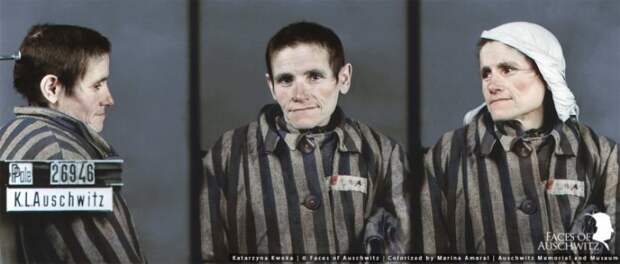 Катаржина Квока, мама Чеславы, при поступлении в Освенцим. Раскрашенное фото.