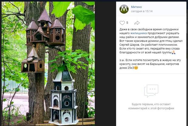 Фото дня: новый жилой комплекс для птиц введён в эксплуатацию на Барышихе
