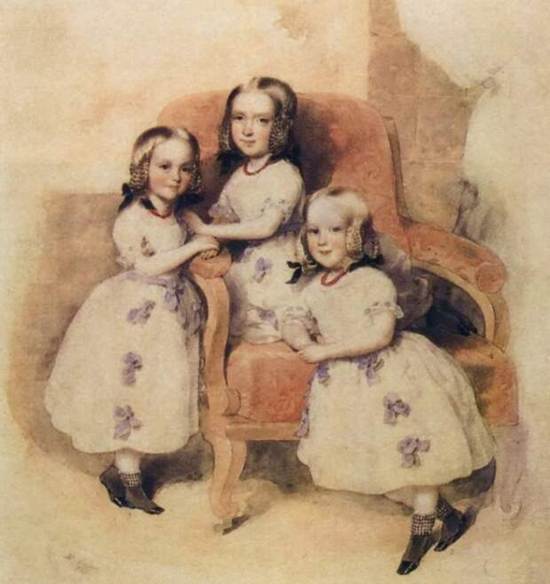 Дочери Дантеса: Слева направо: Леони, Матильда, Берта. Акварель Леопольда Фишера. 1843: