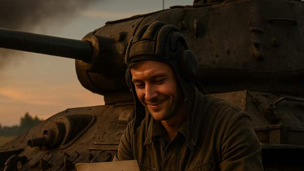 Фронт, лето 1944 года. После боя. Советский танкист сидит у подбитого, но целого Т-34, на колене раскрыто письмо. На лице — усталость и тихая улыбка.