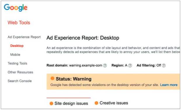 В Ad Experience Report владелец сайта может узнать причину блокирования браузером Chrome объявлений