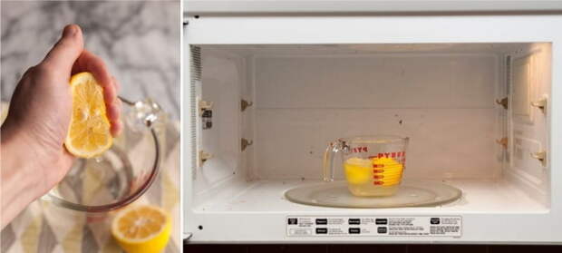 Мытье микроволновки при помощи лимонного сока.