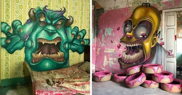 Художник из Барселоны рисует пугающие мультяшные граффити с популярными персонажами