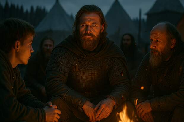 XII–XIII век, Рязань. Евпатий Коловрат, высокий, бородатый воевода в кольчуге, сидит у костра среди дружинников. Его лицо строгое, но светлое, в глазах мудрость и сила. Воины вокруг слушают его слова с вниманием.