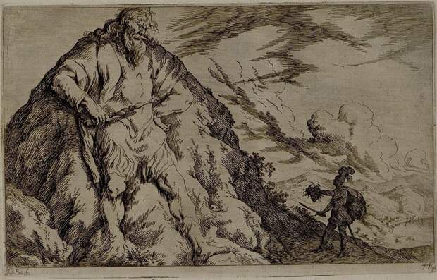 Персей и Атлас; Персей справа, в тени Атласа, показывает голову Медузы в левой руке, в правой руке он держит меч; слева Атлас, превращенный в камень, смотрящий на Персея внизу, со скипетром в правой руке, левой рукой на бедре; его тело превратилось в гору. 1641.