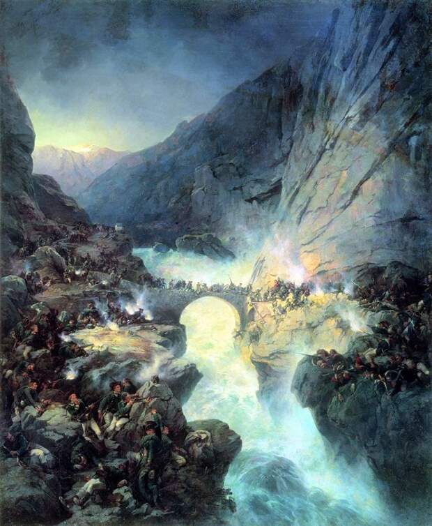 Бой на Чертовом мосту 14 сентября 1799 года. Картина Коцебу А.Е. (1815 – 1889 гг).