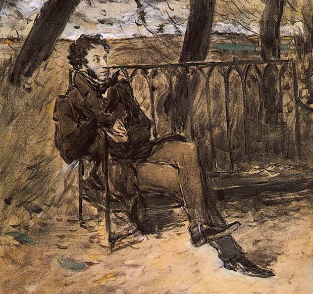 В. Серов. А. С. Пушкин на садовой скамье