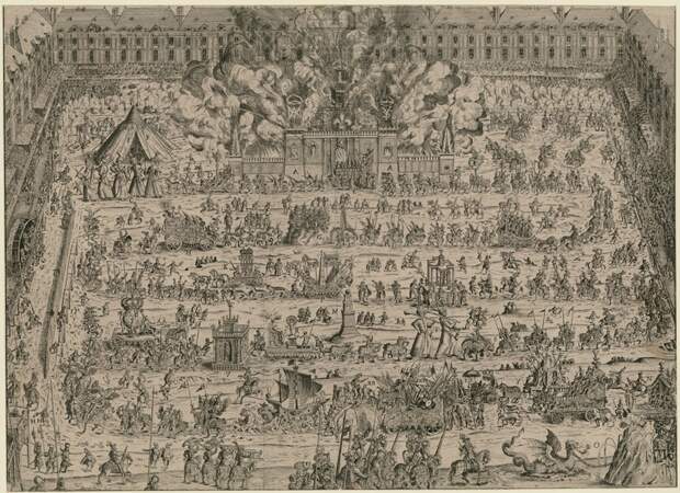 Гравюра, изображающая торжества, организованные в Париже 5, 6, 7 апреля 1612 года на Королевской площади (ныне Площадь Вогезов) в честь объявления о свадьбе Людовика XIII и Анны Австрийской, мадам Элизабет и Филиппа.