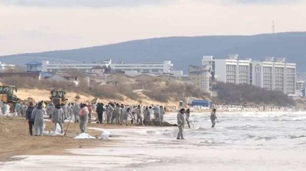 В море у Анапы проводят сбор мазута с воды, на берег доставлены вездеходы и другая техника