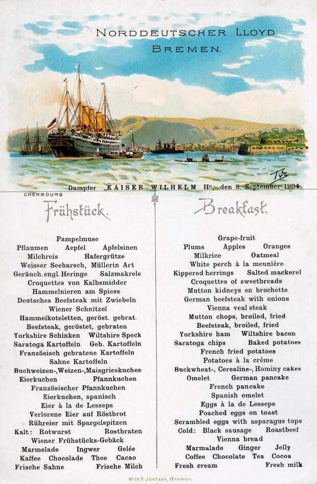 Меню ресторана Norddeutscher Lloyd Bremen, Бремен, Германия, 1904 год