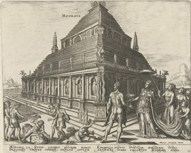 Мавзолей в Галикарнасе, гробница Мавзола, построенная его вдовой Артемисой. Гравюра Филипса Галле по Мартену ван Хеемскерку, 1572 г.