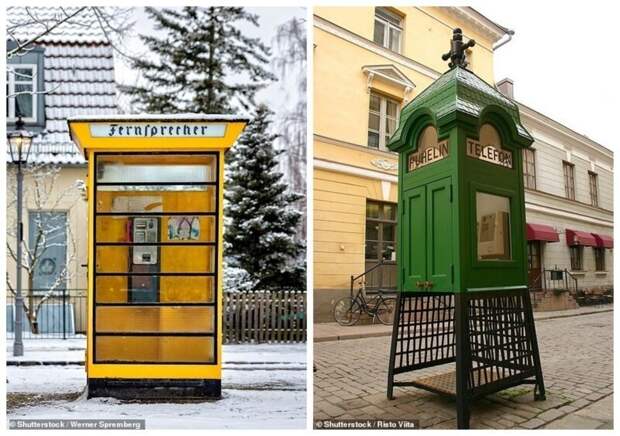 Старинная телефонная будка в берлинском районе Райникендорф. Справа - традиционная деревянная телефонная будка в Хельсинки (Финляндия) бывает и такое, городские пейзажи, необычные вещи, общественные места, проекты, телефонная будка, телефонные будки, урбанистика