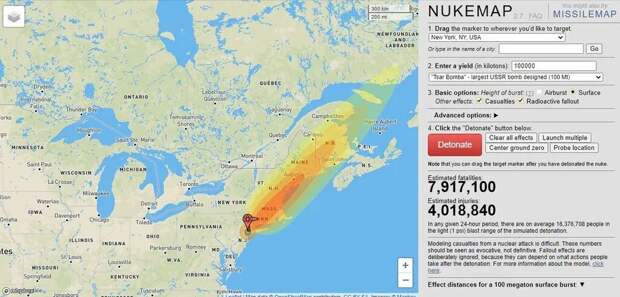 Моделирование такого‏ взрыва в общедоступной интерактивной карте "Nukemap" показывает‏ предположительные последствия. 