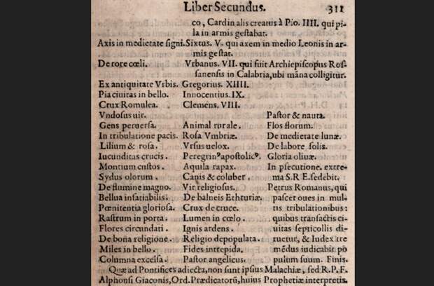Заключительная часть «Пророчества о папах» в «Древе жизни» («Lignum Vitae») (1595), стр. 311.