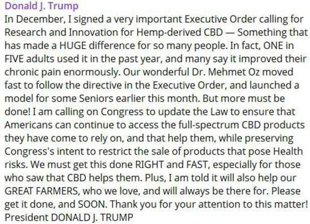 Трамп призвал Конгресс легализовать каннабидиол как можно скорее
