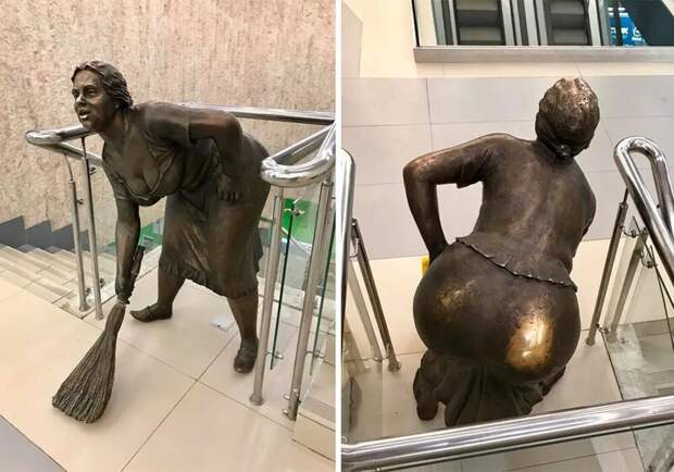 Скульптура уборщицы в бизнес-центре на проспекте Мира в Москве была «поставлена в угол», чтобы посетители не хватали ее за аппетитные округлости, но они все равно дотягиваются, причем шалят не только джентльмены, но и леди.