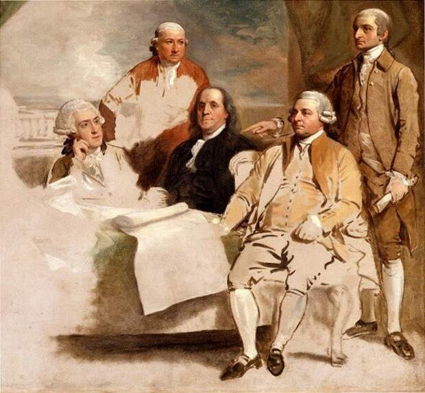 Американская делегация ведет переговоры о мире с англичанами в 1783 году. Первые двое справа: Джон Джей и Джон Адамс. Картинка взята с сайта ru.wikipedia.org