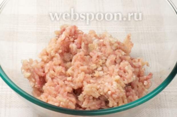 Перекрутить мясо с луком на мясорубке.