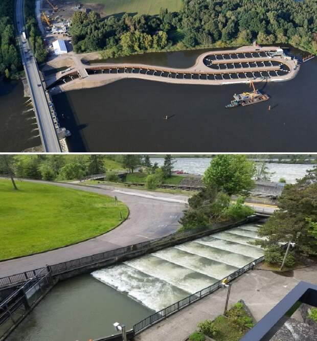 Оригинальные структуры «рыбных лестниц» привлекают внимание своими скульптурными формами. Оригинальные структуры «рыбных лестниц» привлекают внимание своими скульптурными формами.