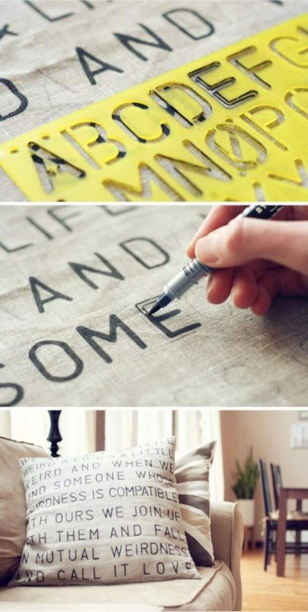 4. Подушка, декорированная маркером для текстиля вещи, креатив, своими руками