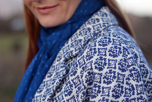 Blue tapestry coat, blue scarf