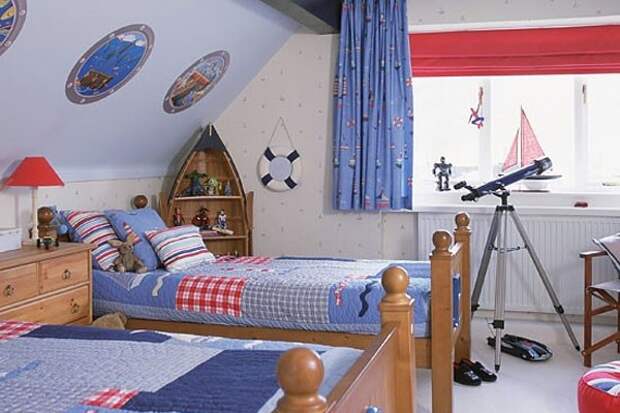 интересный интерьер детской спальни для мальчиков в мансарде