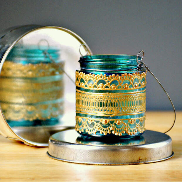 Ручная роспись, марокканских Jar свечах / Висячие мини фонарь, Аквамарин стекла с золотыми акцентами
